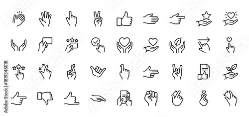 Gesture and interaction line icon set. Vector pictograms of pointing, thumbs up, open palm, peace, clapping, card, hearts, stars, document, fist, thin linear illustration.