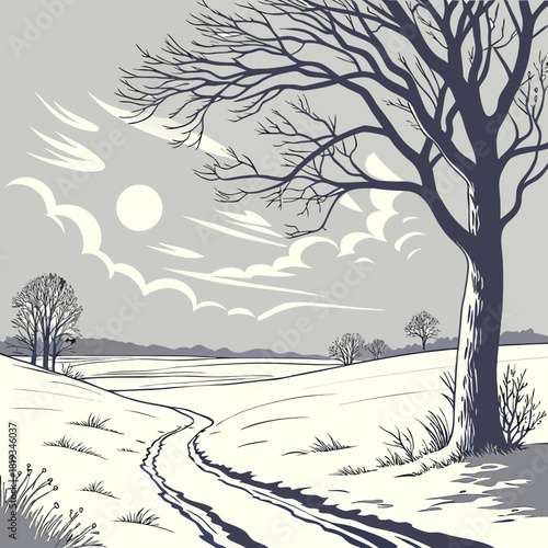A solitary winding dirt road traverses a snow covered landscape under a cloudy winter sky with a bare tree