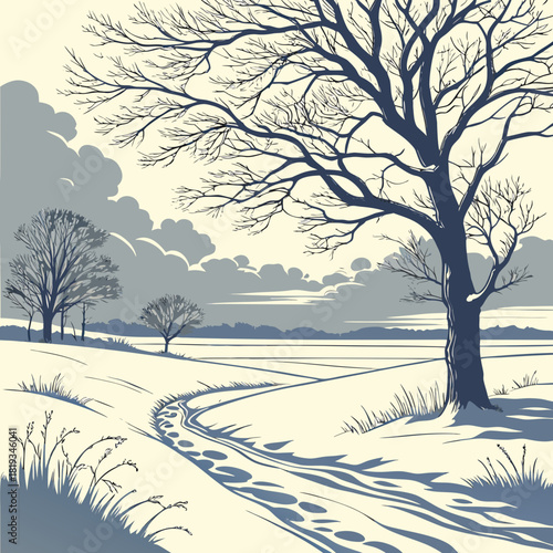 Bare winter trees cast long shadows across a snow covered field with footprints leading the way