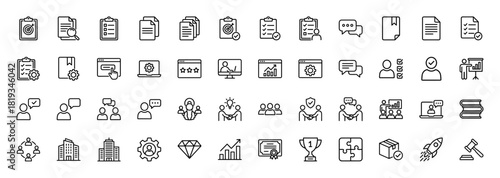 Business line icon set. Vector pictograms of documents, checklists, charts, users, teamwork, buildings, startup, trophy, legal, and certificate, thin linear illustration.
