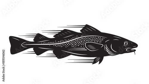 Striking monochrome cod fish illustration in motion, ideal for seafood branding, restaurant menus, and nautical themes, conveying freshness and the power of the ocean's depths