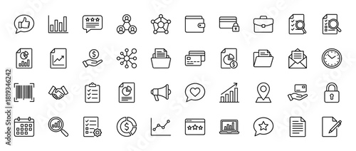 Business and finance line icon set. Vector pictograms of wallet, credit card, charts, documents, briefcase, folder, calendar, calculator, megaphone, handshake, thin linear illustration.
