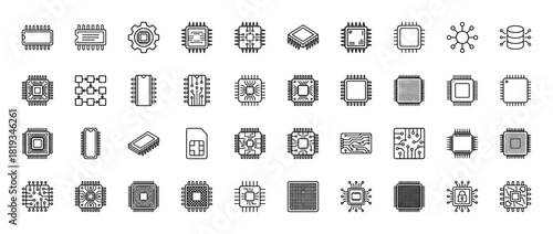 Computing hardware line icon set. Vector pictograms of various microchips, integrated circuits, processors, and circuit boards, thin linear illustration.