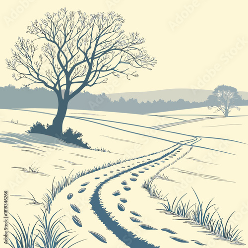 Winter landscape with a winding path marked by footprints leading towards distant trees and rolling hills