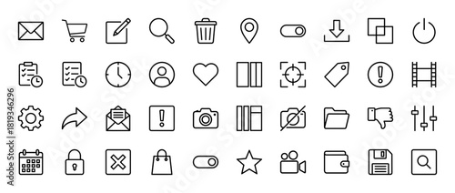User interface line icon set. Vector pictograms of search, edit pencil, map pin, mail envelope, shopping cart, settings gear, calendar, and wallet, thin linear illustration.