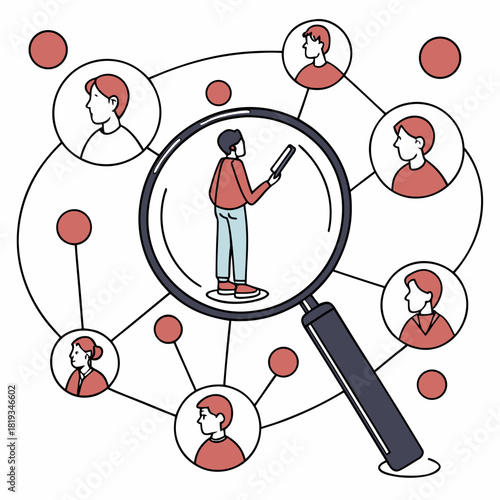 Magnifying glass focuses on a person connected to a network of other individuals and abstract circles