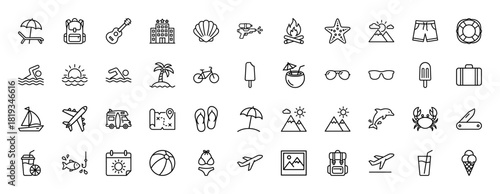 Summer vacation and travel line icon set. Vector pictograms of beach chair, seashell, campfire, hotel, sailboat, surfboard, and swimming, thin linear illustration.