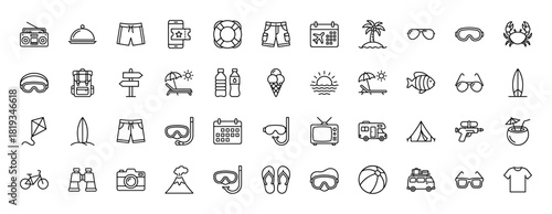 Travel and summer vacation line icon set. Vector pictograms of calendar, airplane, sunbed, palm tree, luggage, camera, snorkel, surfboard, and beach gear, thin linear illustration.