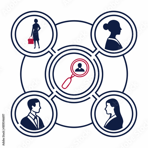 Conceptual illustration of human resources recruitment process with a magnifying glass focusing on a candidate profile