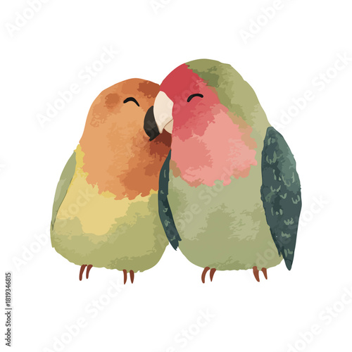 Cute Lovebirds Couple Kissing Watercolor Illustration.