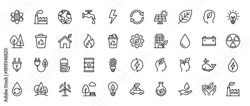 Ecology line icon set. Vector pictograms of solar panel, wind turbine, electric car, recycle bin, earth, leaf, lightbulb, factory, battery, power plug, thin linear illustration.