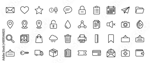 User interface line icon set. Vector pictograms of clipboard, star, heart, envelope, calendar, camera, shopping bag, delivery truck, and wallet, thin linear illustration.