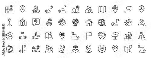 Navigation line icon set. Vector pictograms of maps, location pins, routes, compass, and globe, thin linear illustration.