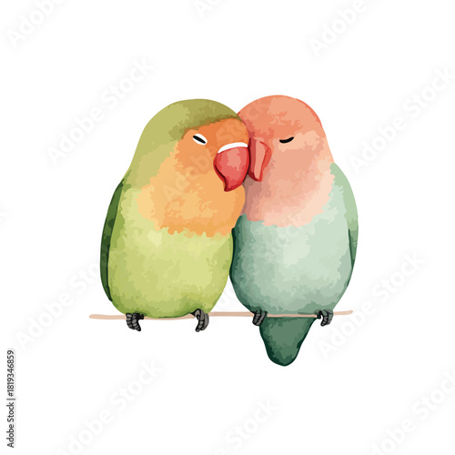 Cute Lovebirds Couple Watercolor Illustration.