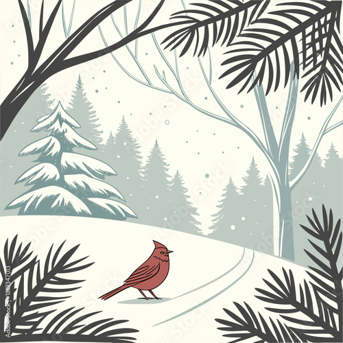 A solitary red cardinal stands on a snowy path in a winter forest with snow falling gently