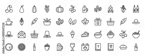 Seasonal harvest and thanksgiving line icon set. Vector pictograms of pumpkin, corn, leaves, fruits, pilgrim hat, pie, and campfire, thin linear illustration.