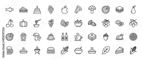 Food line icon set. Vector pictograms of sandwich, cake, apple, grapes, fish, pizza, pancakes, honey, pear, cherries, tea, pie, and corn, thin linear illustration.