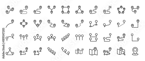 Location and navigation line icon set. Vector pictograms of map pins, routes, path lines, folded maps, and GPS markers, thin linear illustration.