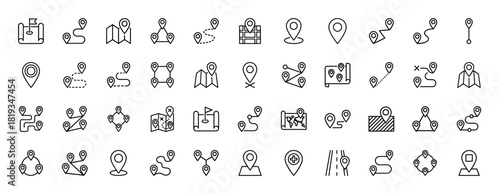 Map and location line icon set. Vector pictograms of navigation pins, routes, paths, destinations, and a map with flag, thin linear illustration.