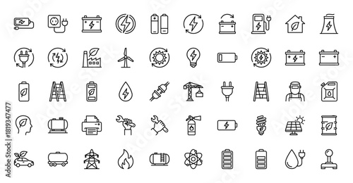 Energy and power line icon set. Vector pictograms of renewable sources, batteries, electric vehicles, industrial elements, and plugs, thin linear illustration.