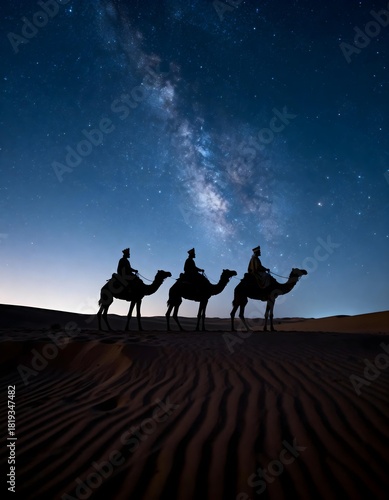 Three kings riding camels in a quiet desert landscape at night, silhouetted against a stunning sky filled with stars and a visible Milky Way. 