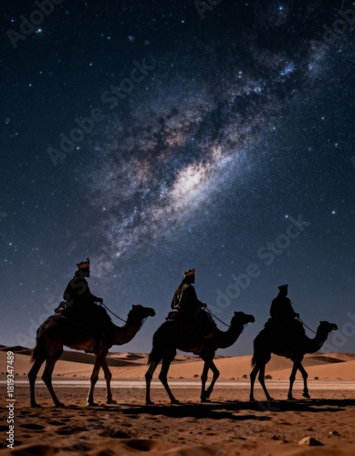 Three kings riding camels in a quiet desert landscape at night, silhouetted against a stunning sky filled with stars and a visible Milky Way. 