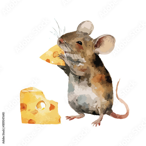 Cute Mouse Eating Cheese Watercolor Illustration.