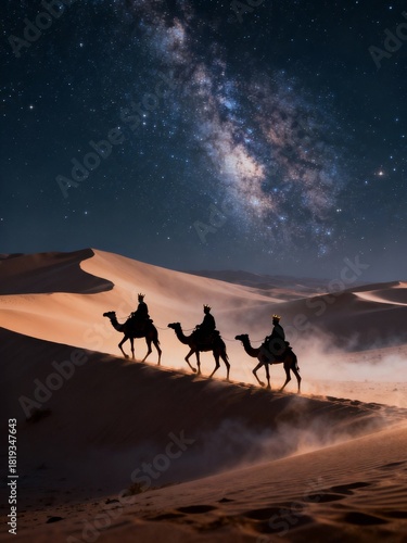 Three kings riding camels in a quiet desert landscape at night, silhouetted against a stunning sky filled with stars and a visible Milky Way. 