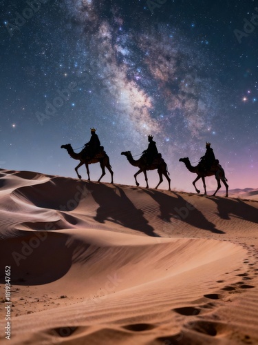 Three kings riding camels in a quiet desert landscape at night, silhouetted against a stunning sky filled with stars and a visible Milky Way. 