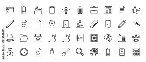 Business and office line icon set. Vector pictograms of briefcase, documents, laptop, printer, phones, router, calculator, money bag, calendar, and office supplies, thin linear illustration.