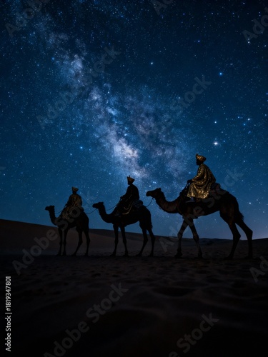 Three kings riding camels in a quiet desert landscape at night, silhouetted against a stunning sky filled with stars and a visible Milky Way. 