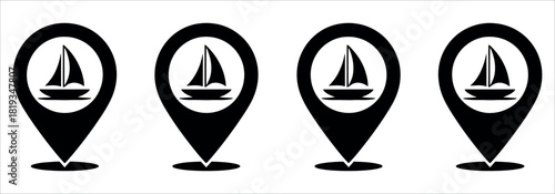 Explore sailing destinations with these sleek map pin icons featuring sailboats, perfect for travel apps and nautical themes, easy to customize and use.