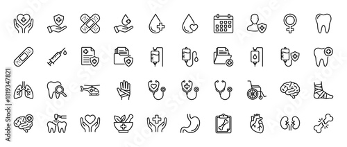 Healthcare line icon set. Vector pictograms of calendar, blood, band-aid, syringe, tooth, infusion, wheelchair, stethoscope, brain, and human organs, thin linear illustration.