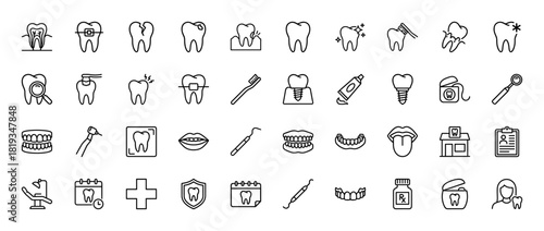 Dentistry line icon set. Vector pictograms of healthy, decayed, and cracked teeth, implants, braces, dental tools, oral hygiene products, and clinic items, thin linear illustration.