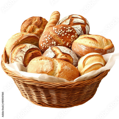 various types of bread in a wicker bascket isolated on transparent background .