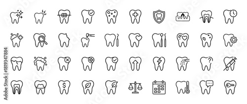 Dentistry line icon set. Vector pictograms of healthy tooth, decayed tooth, braces, dental drill, syringe, root canal, gum disease, and oral hygiene, thin linear illustration.