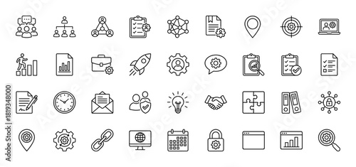 Business and management line icon set. Vector pictograms of document, organization, network, gear, rocket, chart, laptop, target, briefcase, and checklist, thin linear illustration.