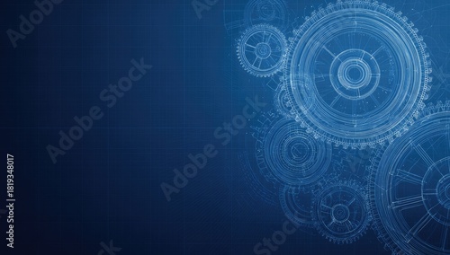 Blueprint-style gears cascade on deep blue