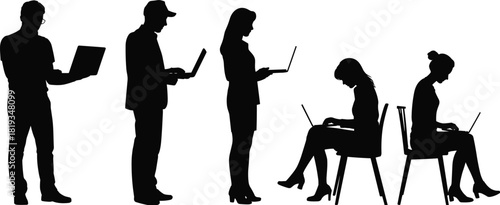 Laptop silhouettes, working posture, seated and standing, black figures, digital task, office gesture, minimal design, tech users, remote work, business pose