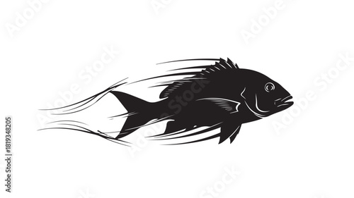 Dynamic black silhouette of a fish in motion, perfect for fishing apparel designs, vibrant marine life illustrations, modern ocean art, or striking logo concepts, fresh catch illustration