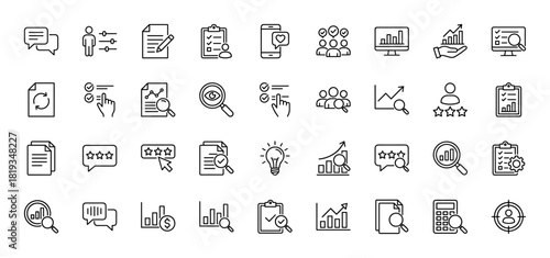 Feedback and data analysis line icon set. Vector pictograms of reports, ratings, user reviews, charts, and business growth metrics, thin linear illustration.