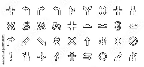 Traffic and navigation line icon set. Vector pictograms of directional arrows, intersections, road features, and signs, thin linear illustration.
