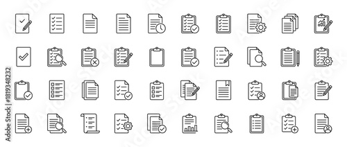 Business document management line icon set. Vector pictograms of files, checklists, clipboards, pencils, magnifying glasses, gears, checkmarks, time, and charts, thin linear illustration.