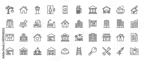 Architecture and construction line icon set. Vector pictograms of buildings, houses, tools, industrial sites, and urban infrastructure, thin linear illustration.
