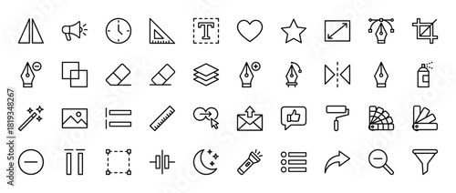 Graphic design line icon set. Vector pictograms of megaphone, heart, star, text, ruler, pen, crop, eraser, layers, image, palette, filter, and zoom tools, thin linear illustration.