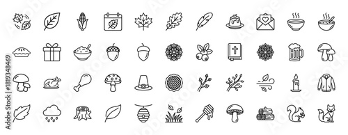Autumn harvest line icon set. Vector pictograms of corn, various leaves, pumpkin pie, turkey, acorn, mushrooms, candle, wind, jacket, bee, fox, squirrel, thin linear illustration.