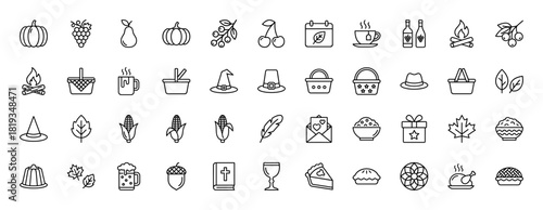 Autumn harvest line icon set. Vector pictograms depicting seasonal foods, beverages, hats, nature elements, and festive objects, thin linear illustration.