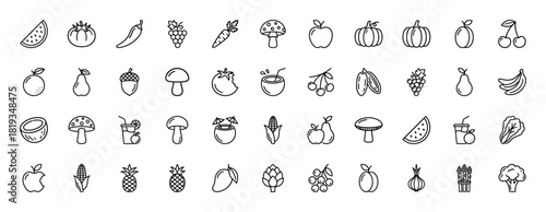 Fresh food line icon set. Vector pictograms of fruits, vegetables, and drinks, thin linear illustration for healthy eating.