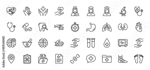 Medical line icon set. Vector pictograms of hands, cross, nurse, pills, microscope, stethoscope, brain, heart, lungs, test tubes, x-ray, folder, first aid kit, and report, thin linear illustration.