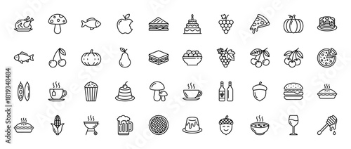 Culinary and harvest line icon set. Vector pictograms of chicken, sandwich, cake, fruits, vegetables, fish, pizza, pancakes, drinks, and pie, thin linear illustration.